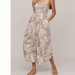 By Anthropologie Strapless Ruched Printed Jumpsuit XS Tall